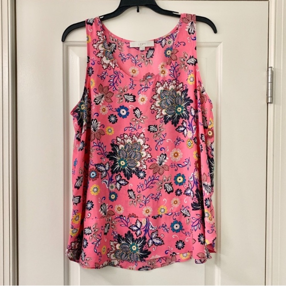 LOFT Pink Floral Sleeveless Tunic Top Peplum Detail Women’s Size M